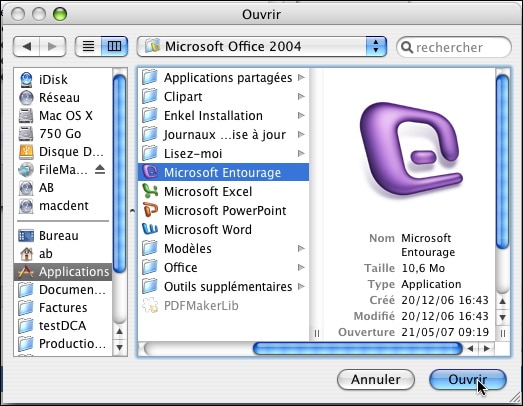 Choisir Microsoft Entourage comme application