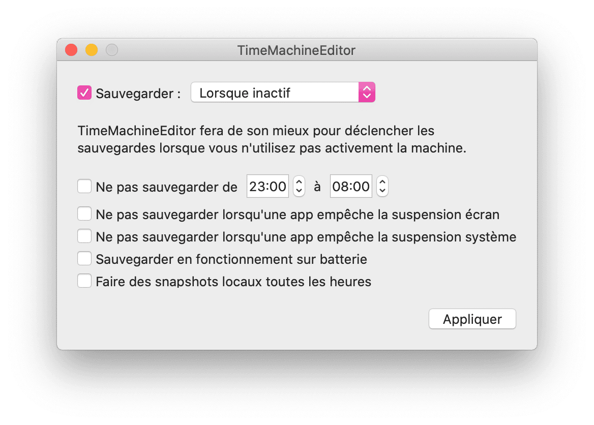 TimeMachineEditor réglages avancés